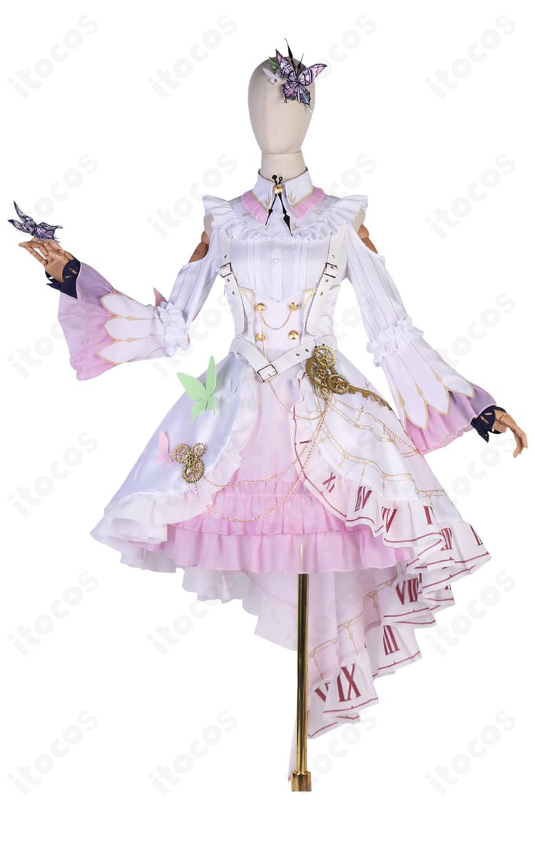 暁山瑞希 コスプレ衣装の正面全体図。蝶モチーフと襟元装飾を含む公式準拠のデザイン