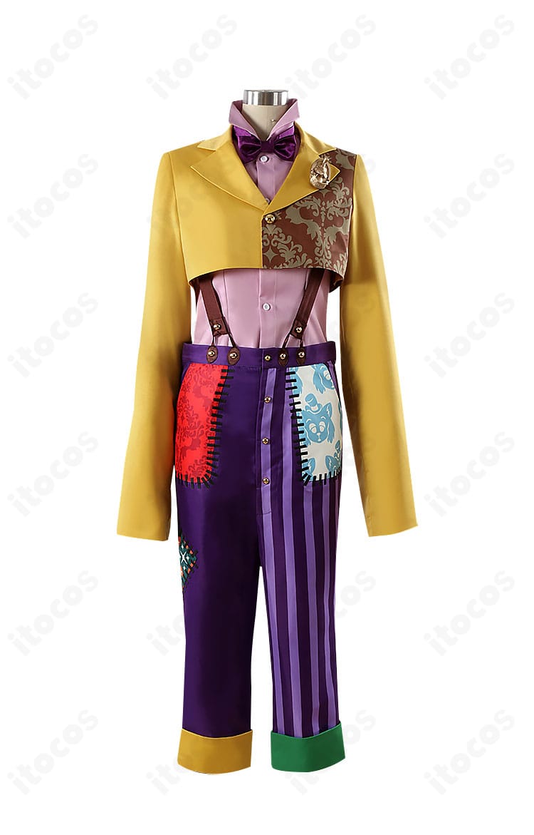 ツイステ ギデル ステージ・イン・プレイフルランドver. コスプレ衣装の正面全体図。コートと蝶ネクタイ、帽子を含むセットのバランスが分かる画像。