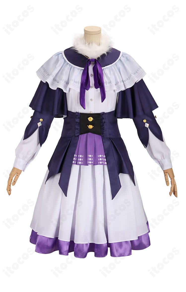 プロジェクトセカイ 朝比奈まふゆ「止められない想い」コスプレ衣装の正面全体。ワンピースとコルセット、マント、リボン、髪飾りのセット内容が分かる高再現カット