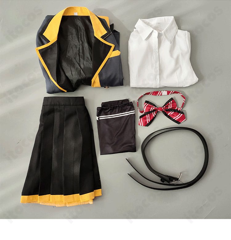 天馬咲希 コスプレ衣装のセット内容一式。コート・シャツ・スカート・レッグカバー・リボン・ベルトの6点