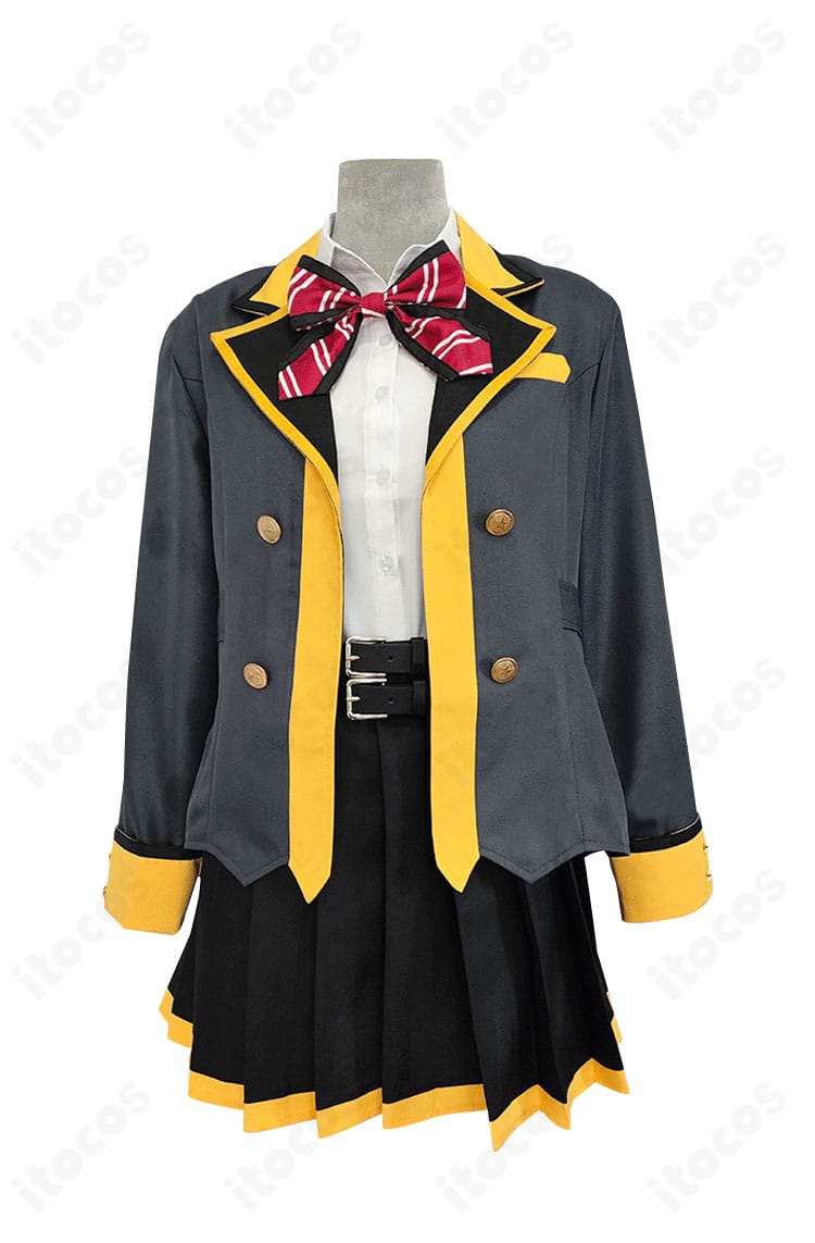 プロセカ 天馬咲希 制服風コスプレの正面全体。ジャケットのウエストラインとスカート丈が分かる全身シルエット