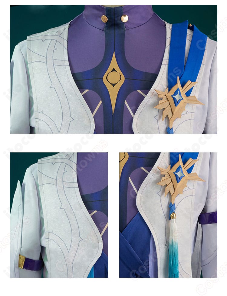 サンデー衣装の胸元装飾ディテール。胸飾りと配色ライン、留め具の質感が伝わる近接画像。