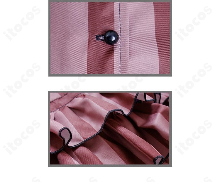 ボタンとスカート装飾の拡大。丁寧な縫製と装飾の仕上がりを強調したディテール写真