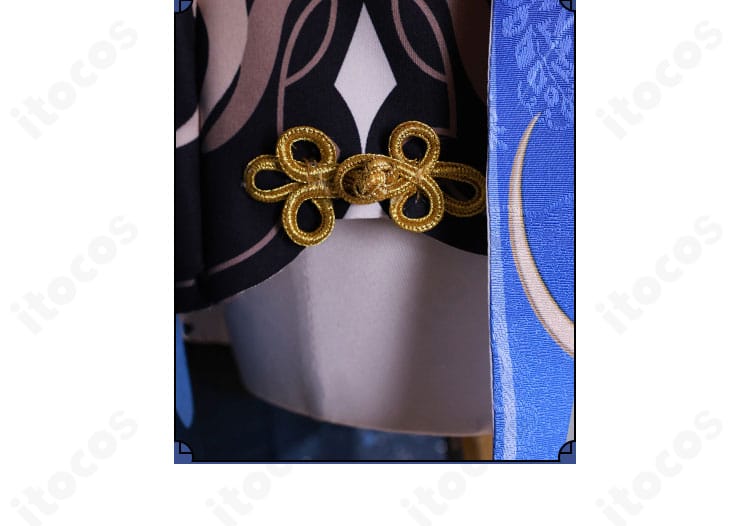 原神 甘雨コスプレ衣装の裾紐留め装飾ディテール。紐の固定と装飾パーツの形状を強調