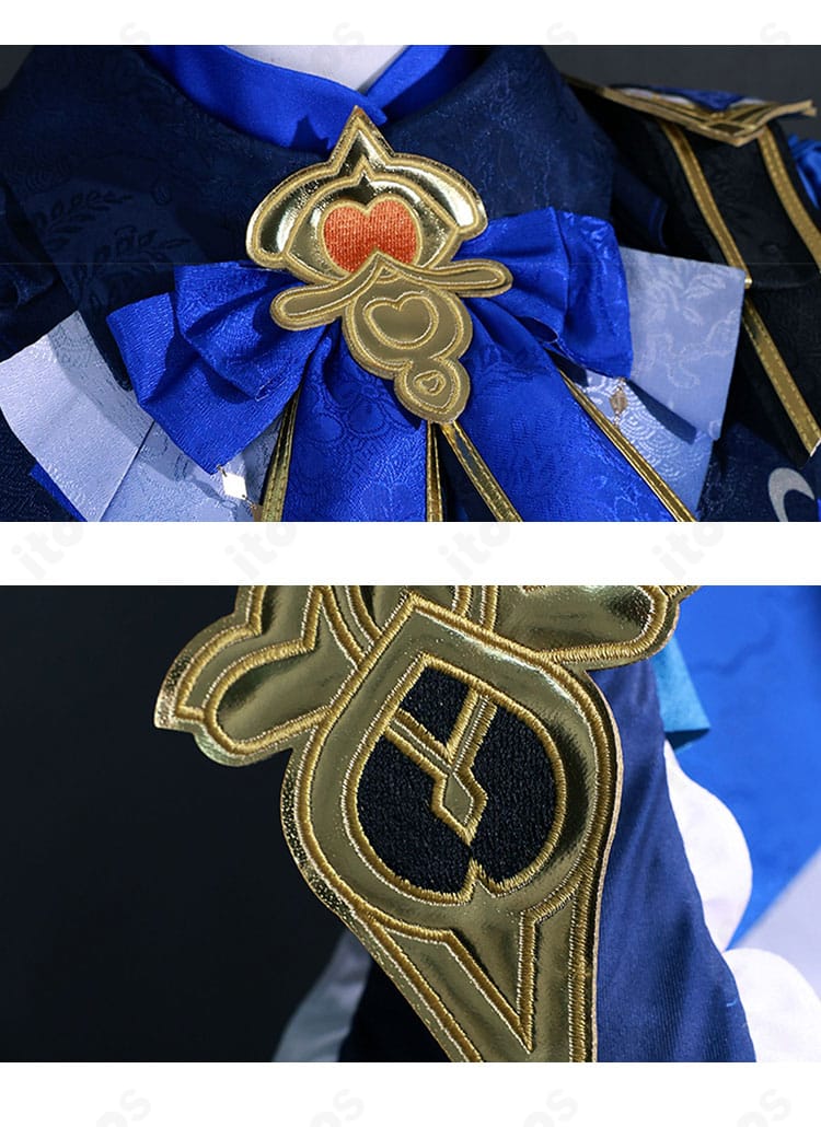 原神 行秋 竹身雨化Ver. コスプレ衣装の襟元ディテール。衣襟の形状と装飾の質感をクローズアップ。