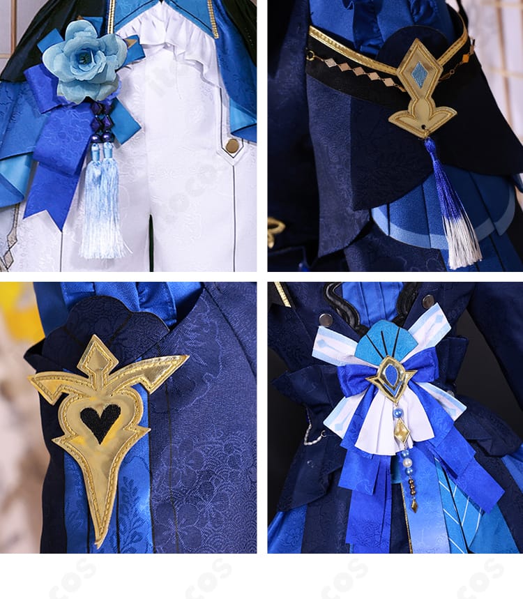 原神 行秋 竹身雨化Ver. コスプレ衣装の腰部リボン、裾、アーム装飾のディテール。立体感と意匠を強調。