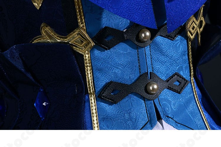 原神 行秋 竹身雨化Ver. コスプレ衣装の前立て部分ディテール。ステッチとパーツ配置を確認できる近接画像。