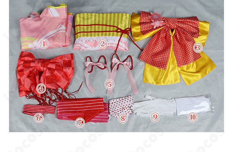 鹿目まどか 晴着Ver. コスプレ衣装のセット一式写真。着物上衣・帯・背面リボン・タッセルなど構成が一目で分かる。