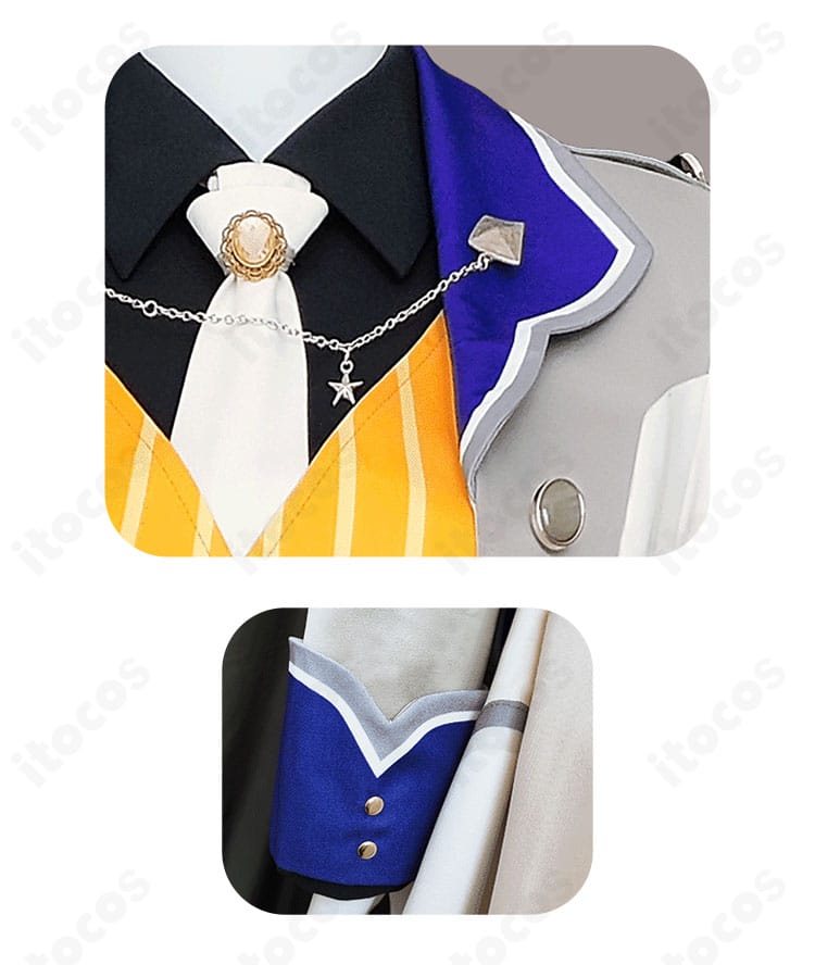 プロセカ 天馬司 コスプレ衣装の襟元・袖ディテール接写。ボタン配置と縫製の細部が分かるアップ