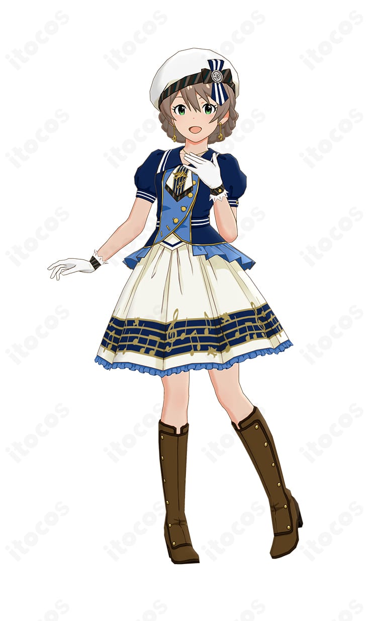 アイドルマスター ミリオンライブ！ シアターデイズ 桜守歌織のコスプレ衣装を着用した全身画像。帽子付きセットで高い再現度を示し、イベントや撮影会向けのエレガントなステージ衣装。