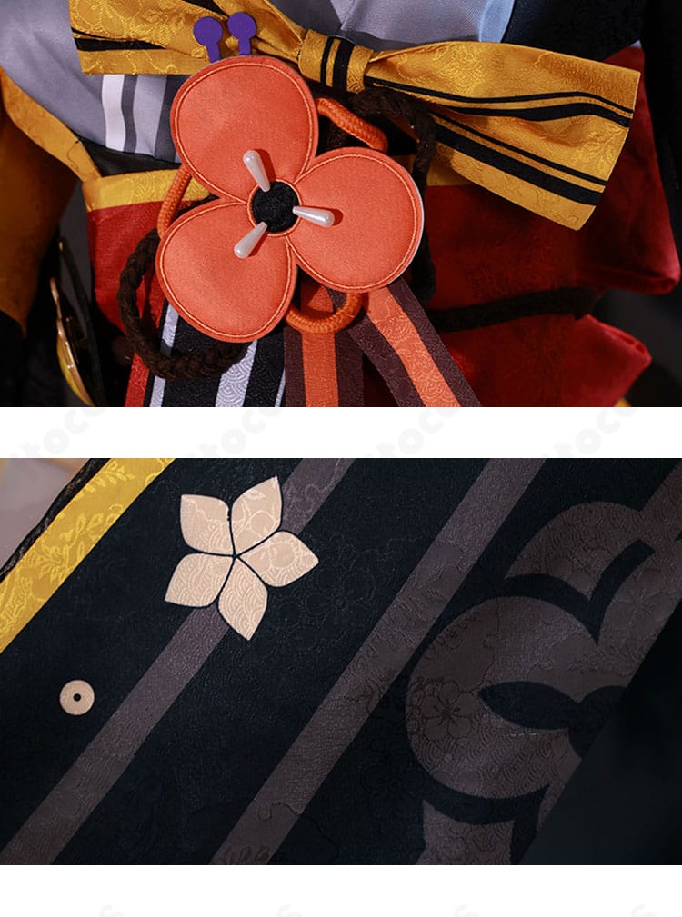 原神・千織のコスプレ衣装 腰部・袖口ディテール。刺繍と装飾の質感を捉えたクローズアップ