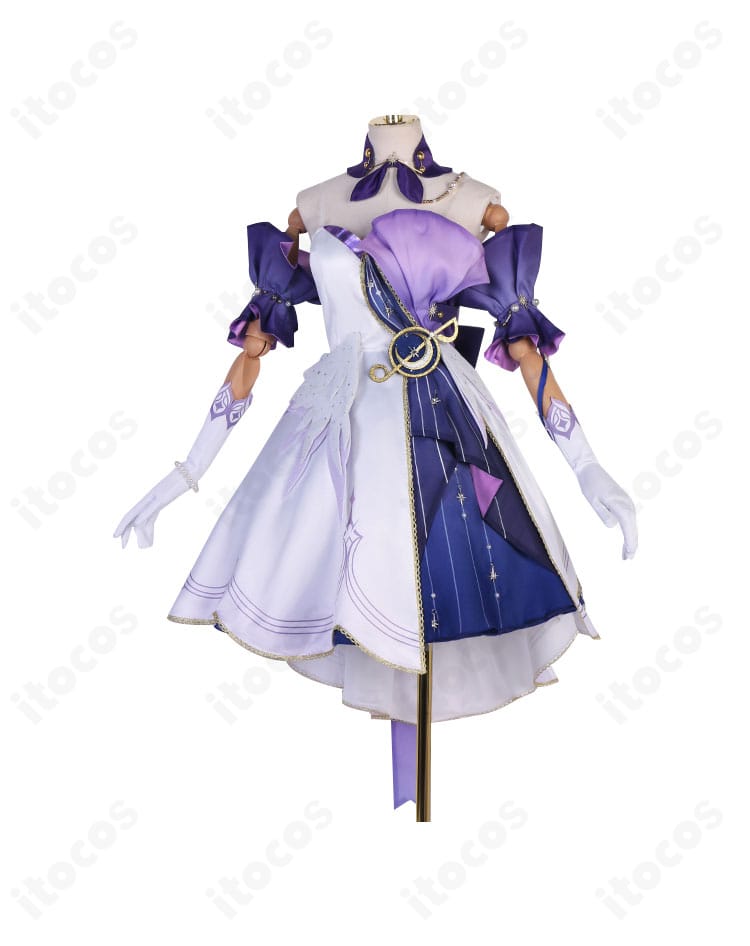 崩壊：スターレイル ロビンのコスプレ衣装・正面全身。音符モチーフと刺繍を備えた高再現エレガントドレスの全体像。