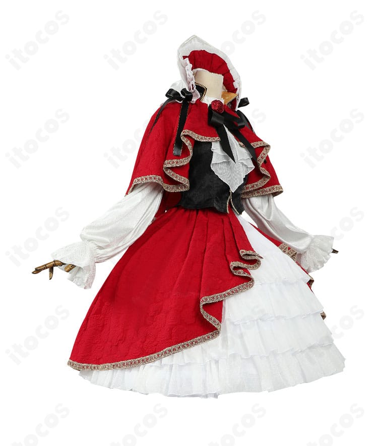 ローゼンメイデン 真紅コスプレ衣装の左側面。襟元から裾にかけた刺繍と装飾ブレードの精緻な仕立てが分かるカット