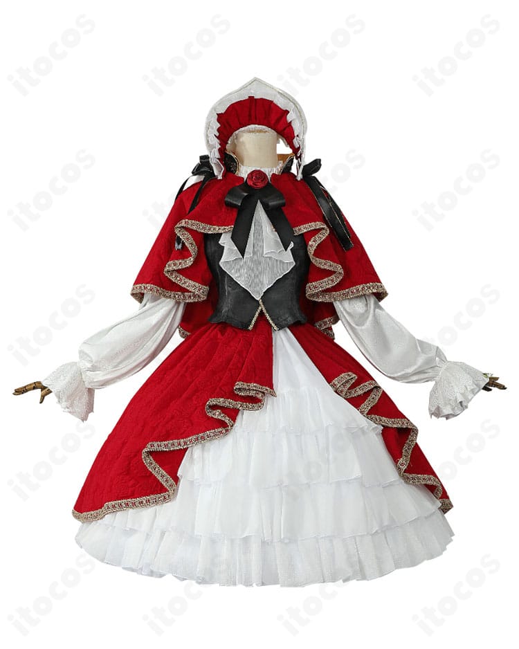 ローゼンメイデン 真紅 20周年記念衣装コスプレの正面全体。深紅のドールドレスと帽子・マントを高再現したエレガントなデザイン