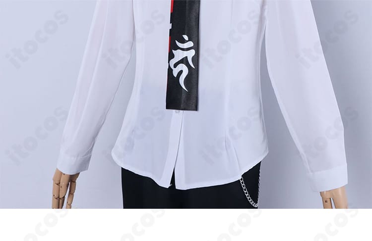 奥村燐コスプレの白シャツとネクタイの質感ディテール。ステッチと結び目のバランスが撮影映え