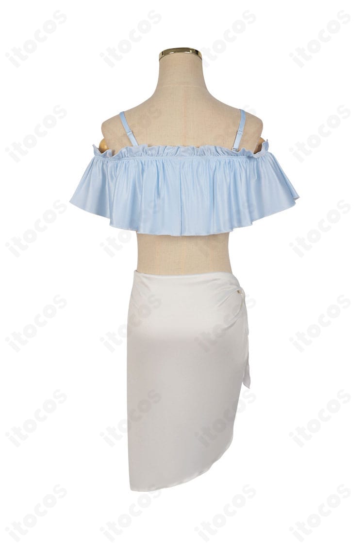 星野アイの青系ビスチェ風トップス背面。背面の留め具と縫製ディテールを確認できる。