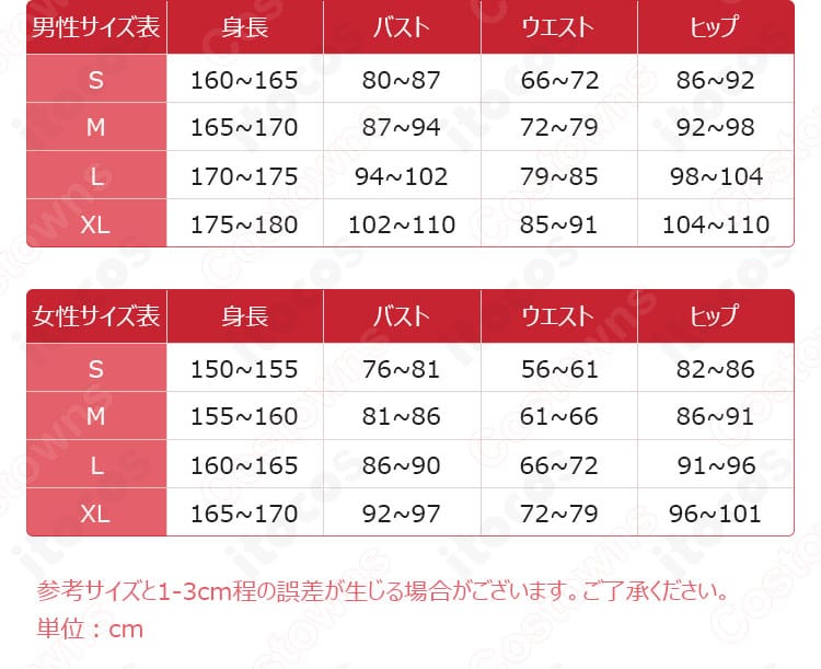 刀剣乱舞-ONLINE- 五虎退コスプレ衣装のサイズ表。S～XLとオーダーメイド対応の寸法ガイド