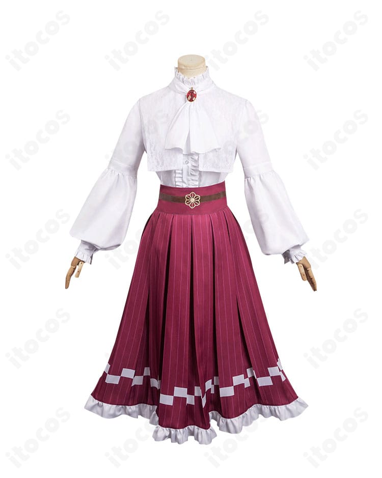鬼滅の刃 竈門禰豆子 伍周年記念祭コスプレ衣装の正面全体。シャツとスカートのシルエット、スカーフの結びが分かる高再現デザイン。