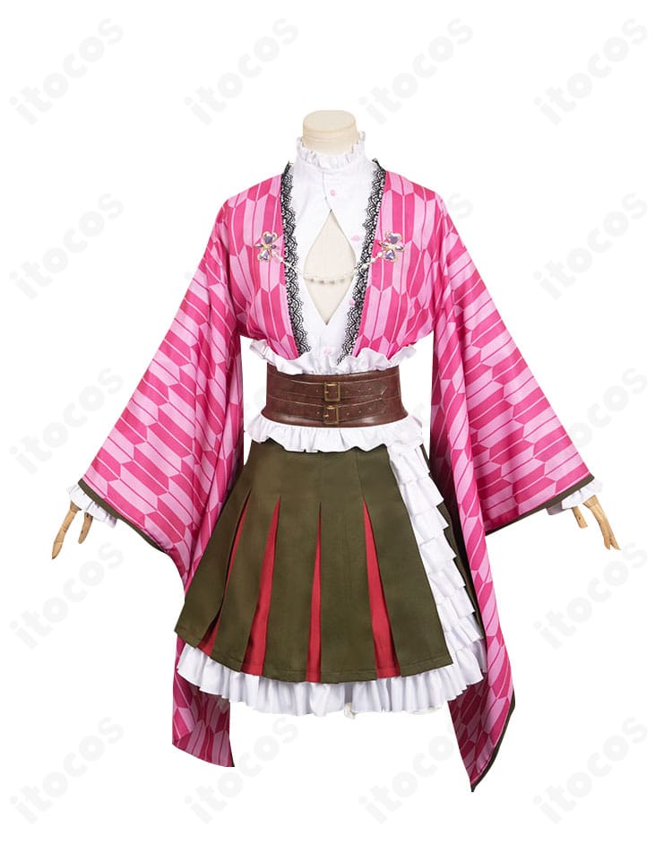 鬼滅の刃 甘露寺蜜璃 伍周年記念祭コスプレ衣装の正面全体。配色と装飾を忠実に再現し、イベント向けの仕上がり。