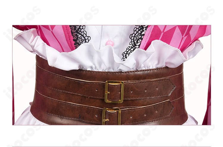 鬼滅の刃 甘露寺蜜璃 伍周年記念祭コスプレ衣装の腰部装飾アップ。コルセットベルトの意匠と刺繍調ディテールがわかる。