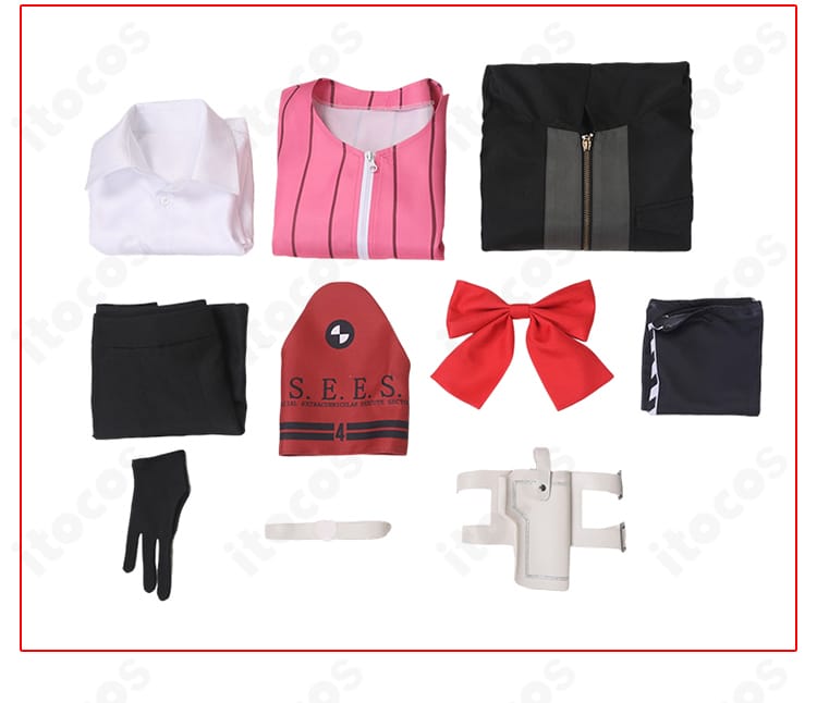 岳羽ゆかり 戦闘服コスプレ セット内容一式。コート、シャツ、スカート、トップス、手袋、インナー、靴下、レッグポーチ、首飾り、リボン、帽子の同梱物