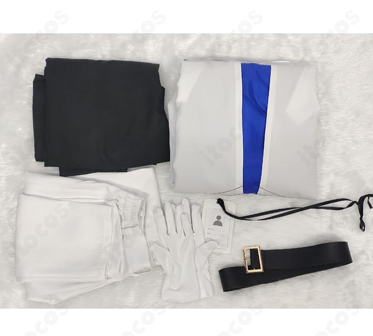 ブルーアーカイブ 先生 公式制服コスプレ セット内容。コート、シャツ、ズボン、腕章、ベルト、名札を並べて構成が一目で分かる画像。