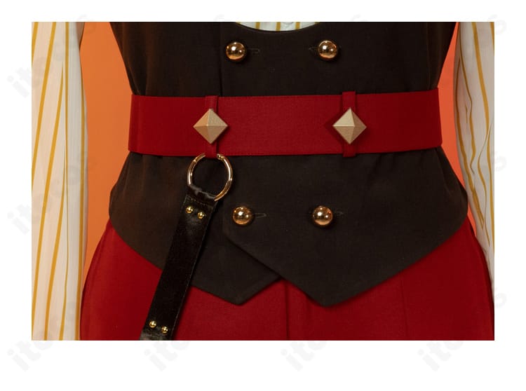 あんさんぶるスターズ！！ Trickstar Xdayコスプレ衣装 腰帯装飾のアップ。赤色のアクセントが全体のカラーコントラストを強調。