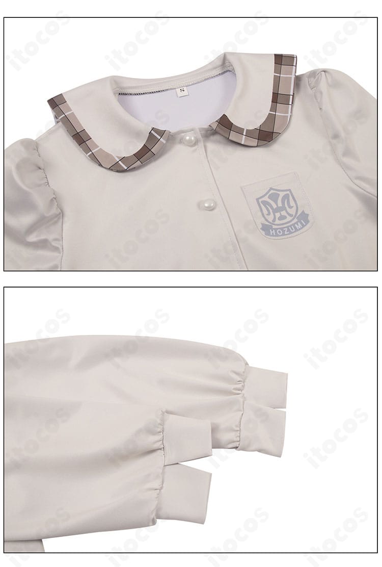 春日野穹 学園制服コスプレの襟・袖ディテール。刺繍とステッチの再現度が分かる接写。