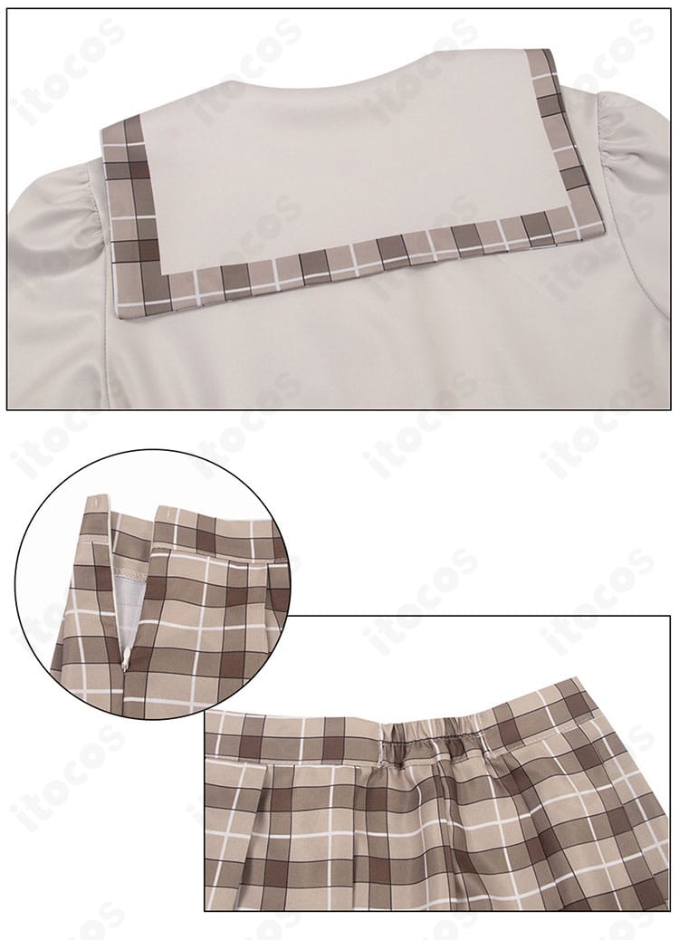 春日野穹 学園制服コスプレの披肩とスカートの細部。生地の質感と縫製の仕上がりを示すクローズアップ。