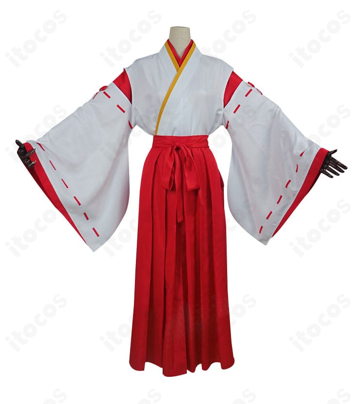 原神 花散里 巫女服コスプレの正面全身。襟元の刺繍と花柄、袖口のディテールが鮮明に見えるアップ。