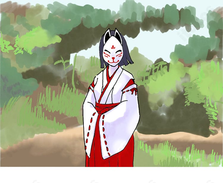 原神 花散里の巫女服コスプレ一式を着用した全身写真。白と朱の配色と和装シルエットを忠実に再現。