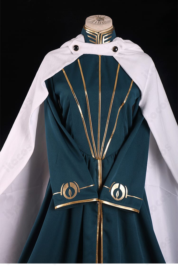 テメノス・ミストラル衣装のフロント装飾ディテール。胸元から腰へ続く意匠と配色コントラストを鮮明に表現。