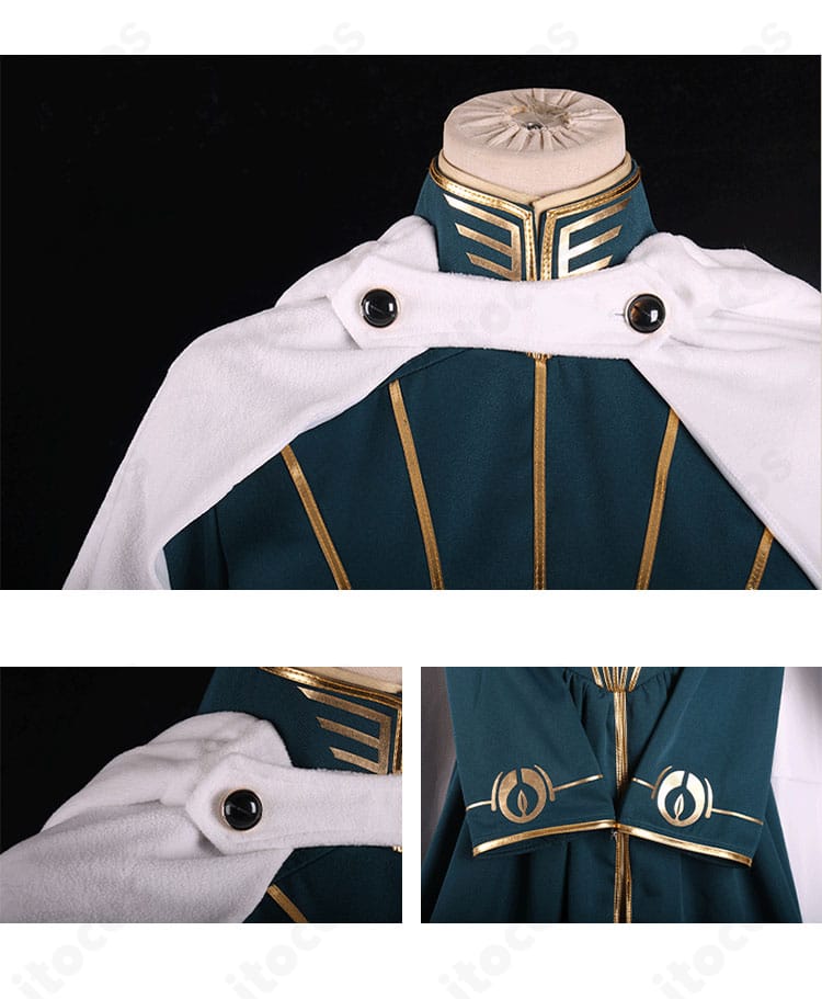 テメノス・ミストラル衣装の襟元と披風、ボタン装飾のディテール。端正な縫製と装飾の質感が伝わる近接カット。