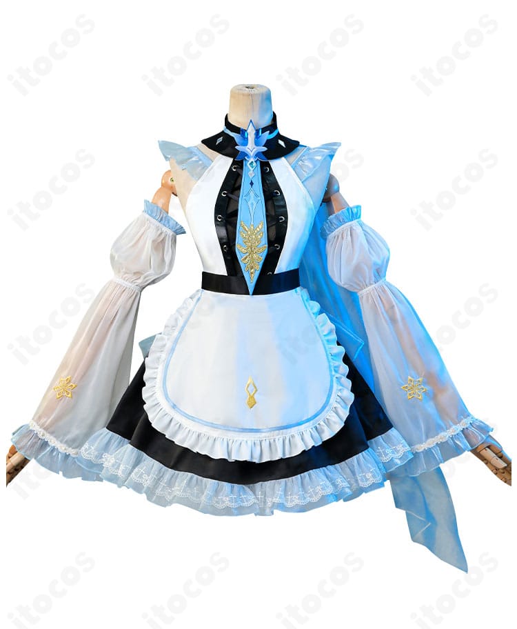 原神 エウルア メイド服同人衣装の正面全体。エプロンとフレアシルエットが映える高再現デザイン