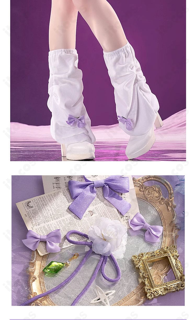 レッグカバーと髪飾りのディテール。足元のフィット感とヘアアクセの形状を紹介。