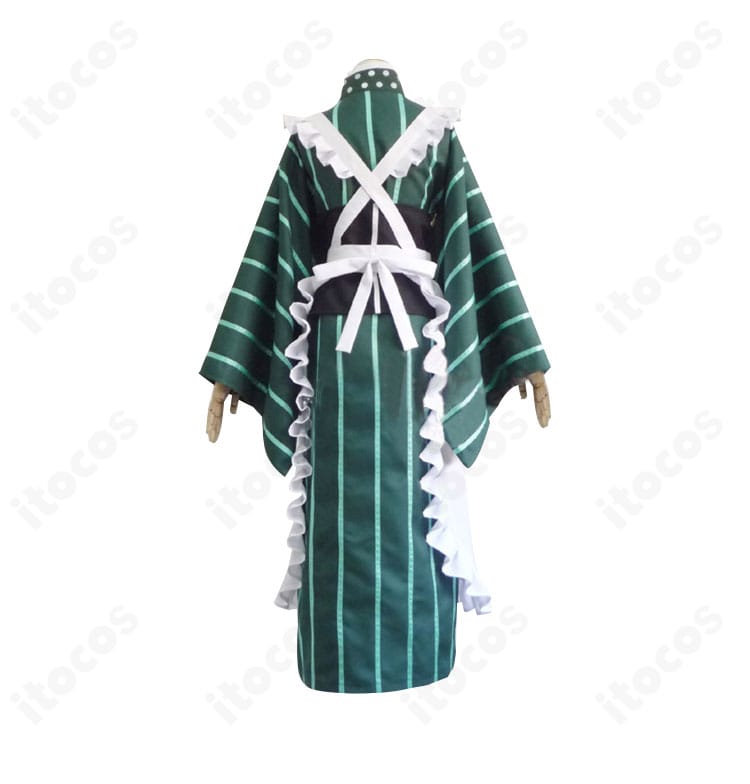 宇治松千夜 甘兎庵制服コスプレの背面。帯位置とエプロン結び、裾の落ち感など背面ディテールを鮮明に撮影しています。