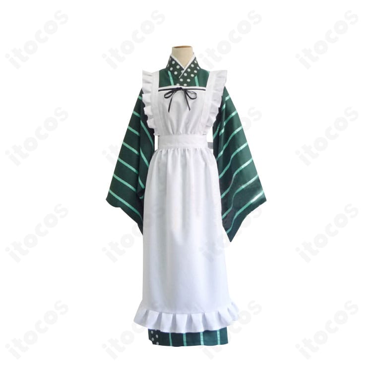 ご注文はうさぎですか？ 宇治松千夜 甘兎庵制服コスプレの正面全体。和服にエプロンと腰巻を合わせた配色とシルエットを高再現で確認できます。