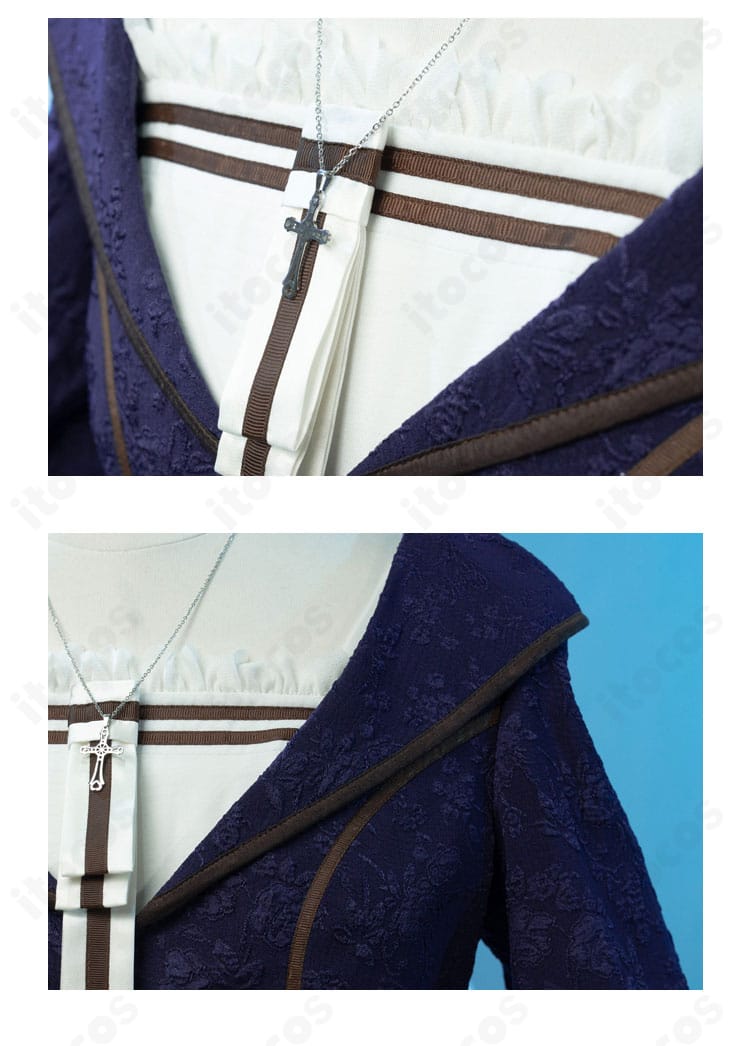 十字架ネックレスと襟元の装飾アップ。繊細な刺繍とビーズがクラシカルな雰囲気を強調。