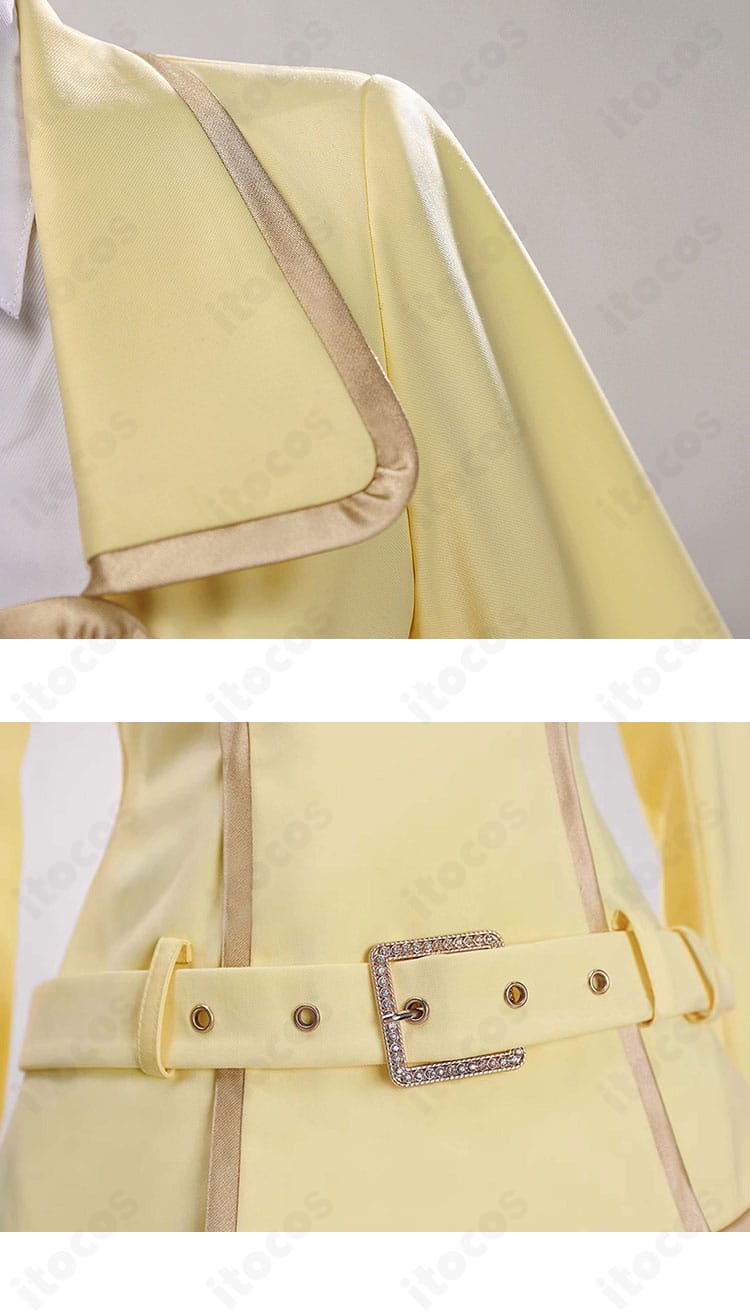 コートの衣領とウエスト装飾ベルトのディテール。質感と金具の仕上げが分かるカット。