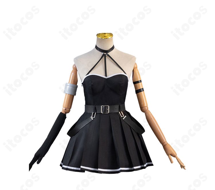 葬送のフリーレン ユーベル 通常衣装コスプレ 正面全体。黒ワンピースとベルト配置を忠実再現し、シャープなシルエットが映えるデザイン。