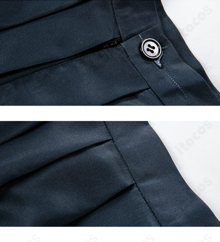 剣先ツルギ 制服のスカート周りと首元の結び仕様の見本。着用時の調整ポイントを示した画像。