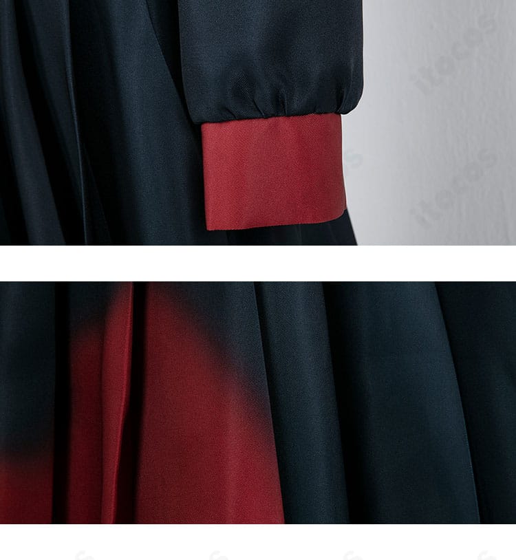 剣先ツルギ 制服の袖口とスカート裾のディテール。縫製の丁寧さとアクセントの配置が分かる画像。