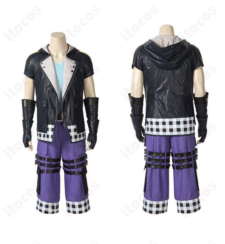 キングダム ハーツIII リク 通常衣装のコスプレ一式。コートと背面フード、ベルトワークまで再現した正面・背面の全体像。