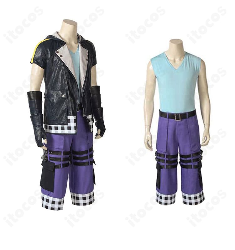 リク 通常衣装の側面シルエットとV字インナーの質感・縫製ディテール。フードのチェック柄と肩周りの可動域がわかる角度。