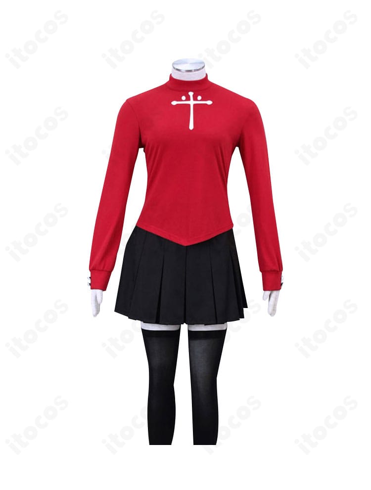 Fate/stay night 遠坂凛 通常衣装コスプレの正面全体。赤トップスと黒スカートの配色、シルエットを高再現した撮影向けデザイン。