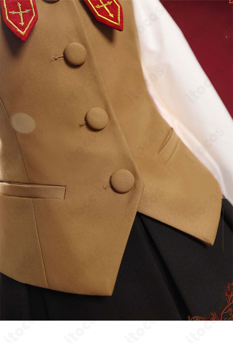 ベストの門襟とボタン部の拡大。前開きで着脱しやすい構造と丁寧な仕上げ。