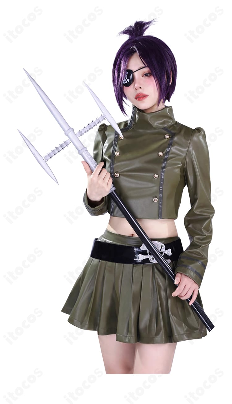 クローム髑髏コスプレの正面全景。胸元装飾とウエストベルトが映えるバランスの良いシルエット。