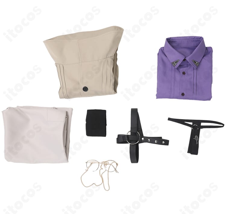 にじさんじ 叶 VVS衣装コスプレのセット内容一式。コート、シャツ、ズボン、ネクタイ、ベルト、靴下、タトゥーシール、メガネを並べた確認用画像