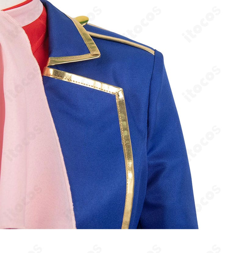 ピーチ姫 剣士コスプレの肩・襟まわり。重厚感のある装飾と縫製の丁寧さが伝わるアップ画像。