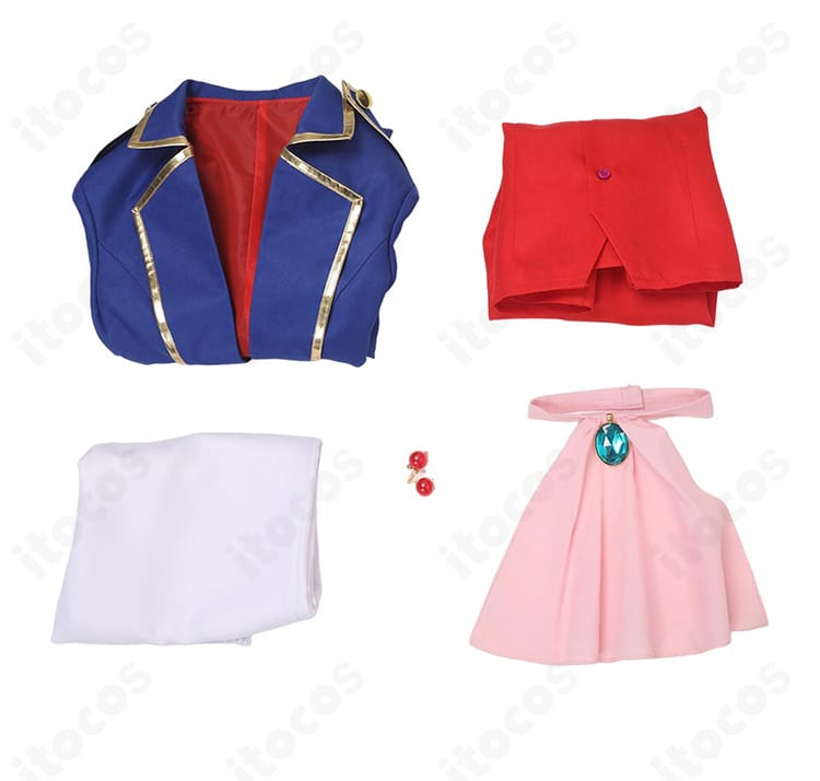 プリンセスピーチ Showtime! 剣士コスプレのセット内容。コート、シャツ、ズボン、スカーフ、耳飾りの5点を一覧で表示。